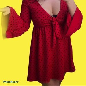 🔔 Red Bell Sleeve Dress with Polka Dots
